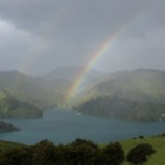 Über dem Queen Charlotte Sound steigt ein Regenbogen in den Himmel.