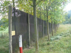 Das Baumkreuz ist ein Kunst-Objekt; gepflanzte Alleen am Zaun und an der Straße treffen sich an der ehemaligen Grenze treffen.