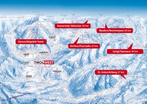 Die Skigebiete der Region sind von TirolWest nur wenige Kilometer entfernt. Grafik: TVB TirolWest