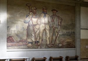 Das Gemälde von Karl Heiduck in der ehemaligen Lohnhalle der Zeche ist erhalten geblieben. Es symbolisiert den Zusammenhalt und die Gemeinsamkeit von Bauer, Handwerker und Bergmann in Dinslaken-Lohberg.