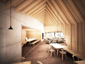 Das neue Bergrestaurant Oberholz überzeugt mit viel Holz und Glas, modernem Design, hohen Decken, ungewöhnlicher Architektur und ungehinderten Blicken auf die Dolomiten. – Foto: Obereggen AG