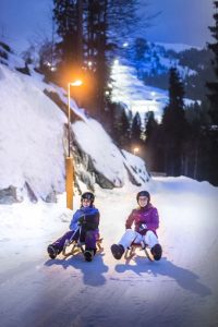 Die etwa vier Kilometer lange Mondschein-Rodelbahn Söll ist auch bei Dunkelheit in Betrieb. Die Strecke wird mittwochs und samstags von 19 bis 22.30 Uhr beleuchtet. - Foto: Ferienregion Wilder Kaiser / Peter von Felbert