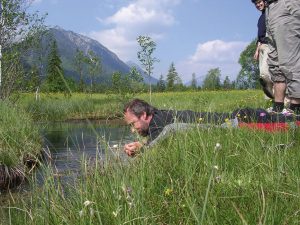 Ein interessierter Urlauber betrachtet aufmerksam eine Ammerquelle bei Oberammergau. - Foto: Ammergauer Alpen / Thomas Bichler